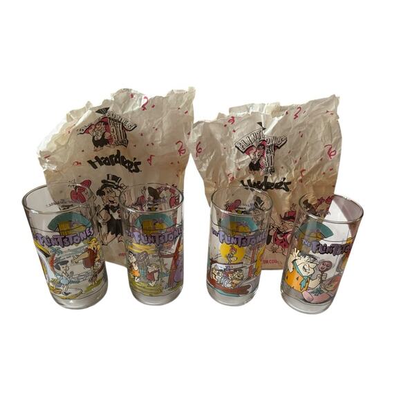 VTG 1991 The Flintstones Hardees Glasses + 2 Original Bags 30 Years Complete Set - Picture 4 of 5